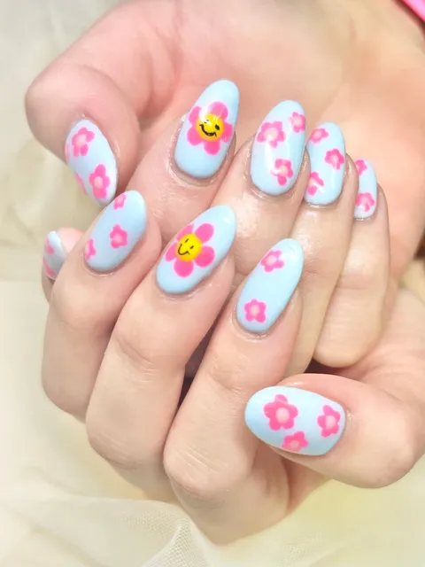 ライトブルーのフラワーフェイス｜フラワー、ハート、パーツ・3D、ブルー、ピンク、可愛い