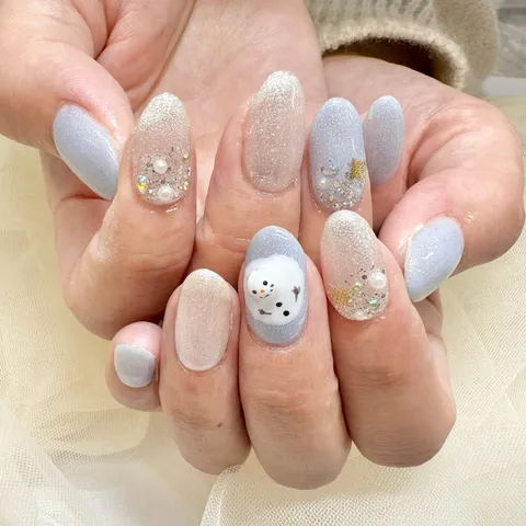 ベージュ×ブルーのビジュー・ドット｜ラメ・グリッター、ビジュー・ストーン、ドット、ベージュ、ブルー、ホワイト、可愛い、上品・大人