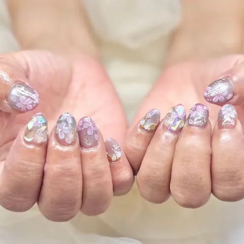 クリアベースの花柄シアーピンク｜フラワー、シアー・透け感、ニュアンス、ピンク、クリア、上品・大人、可愛い