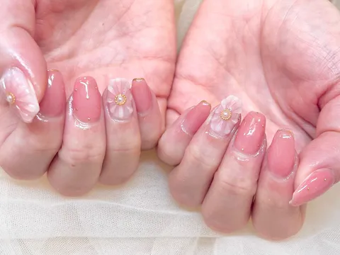 くすみピンクのフレンチフラワー｜フレンチ、フラワー、ピンク、上品・大人、可愛い