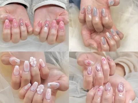 淡いピンクの押し花フラワーネイル｜押し花、ニュアンス、ピンク、可愛い、上品・大人