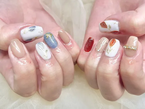 淡色系のミックスアート｜ワンカラー、グラデーション、ミラー・クローム、ドット、リボン、アート・イラスト、ベージュ、ピンク、ホワイト、レッド、ネイビー、上品・大人、可愛い