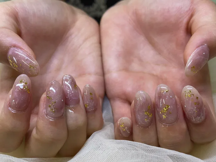 ピンクベージュゴールドホイル｜ニュアンスネイル・キラキラネイル・クリアネイル・オールシーズンネイル