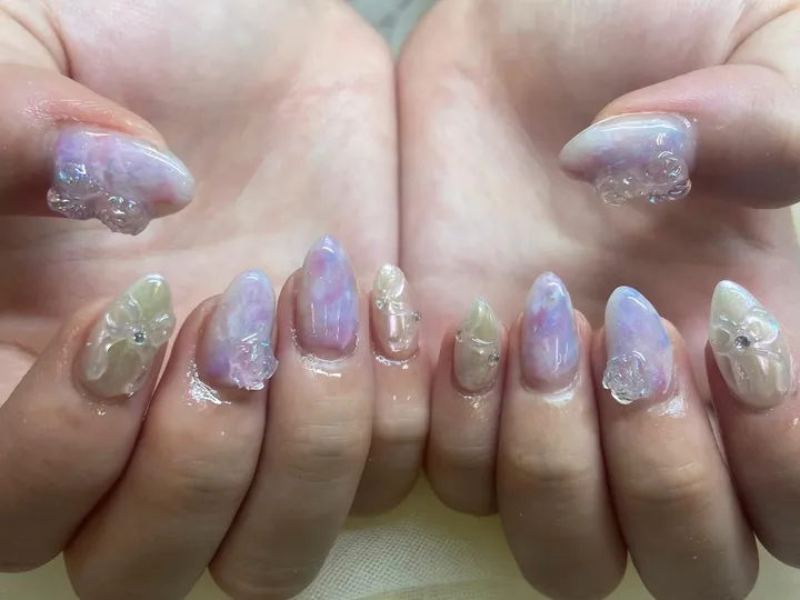 パープルオーロラ立体フラワー｜フラワーネイル・ニュアンスネイル・クリアネイル・春ネイル