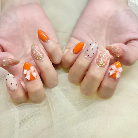 オレンジ&ベージュのドットチェック｜ワンカラー、ドット、チェック、オレンジ、ベージュ、ホワイト、可愛い、シンプル