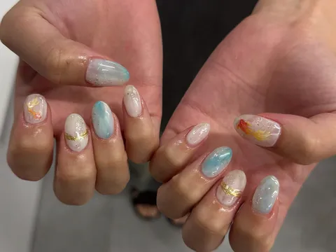 クリアベースのミラー＆箔アート｜ミラー・クローム、ラメ・グリッター、アート・イラスト、クリア、ベージュ、ブルー、可愛い、個性的