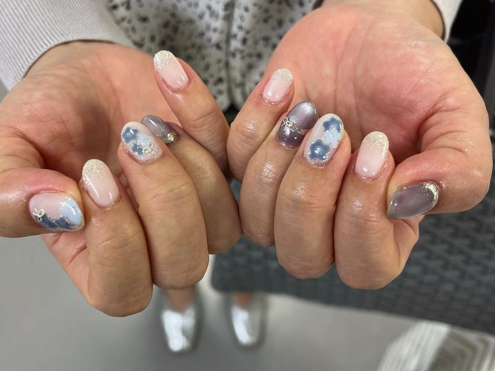 NICENAILのお客様施術 ベージュピンクのマーブルニュアンス
