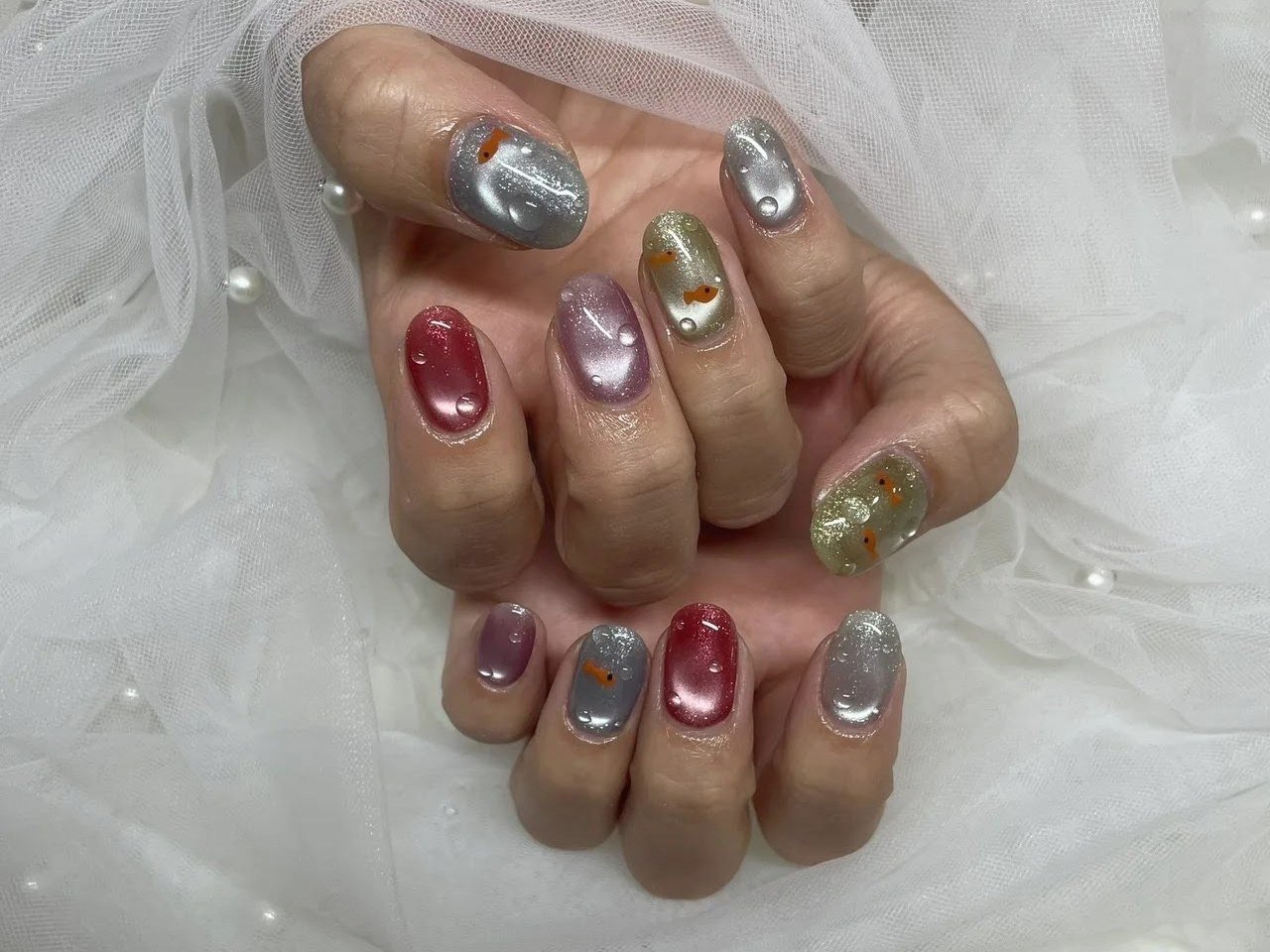 NICENAILのお客様施術 マルチカラーのミラー&ラメ