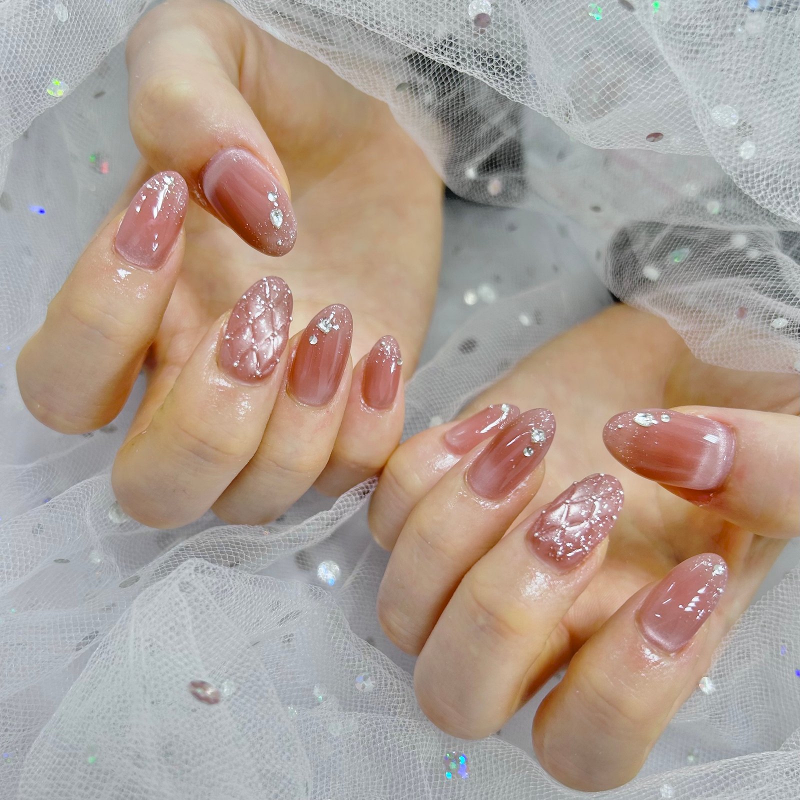 NICENAILのお客様施術 くすみピンクのラメワンカラー