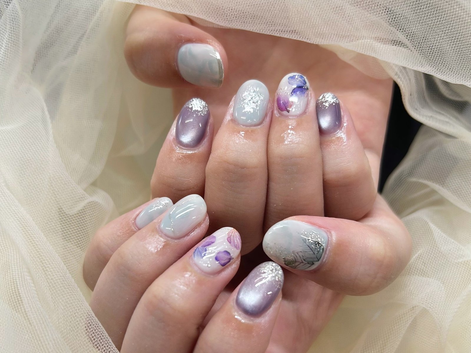 NICENAILのお客様施術 グレー×パープルのニュアンス