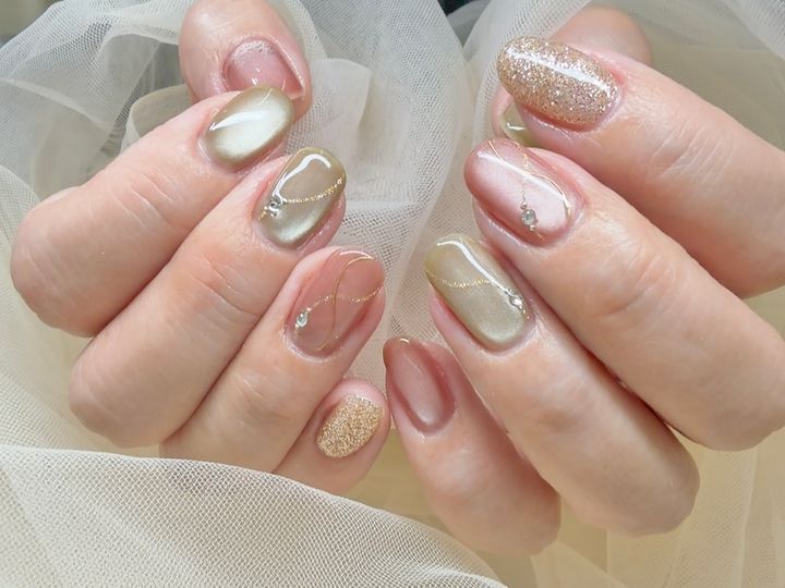 NICENAILのお客様施術 ピンク系のラメミラーニュアンス